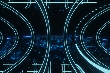 Sci Fi Futuristic Blue Glowing Neon Tunnel Hallway Corridor alien Spaceship Background 3D Rendering