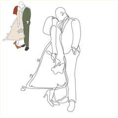 one continuous line art drawing of couple. Characters of bride and groom or husband and wife. Silhouettes of the newlyweds. concept greeting card, wedding,  love, celebration, romance, Valentine's Day
