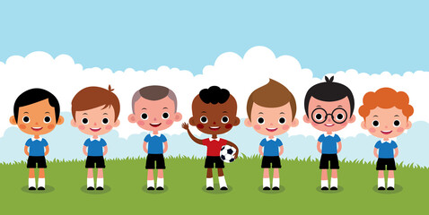 Children boys soccer team. Kids dressed in sports football uniforms. Vector illustration