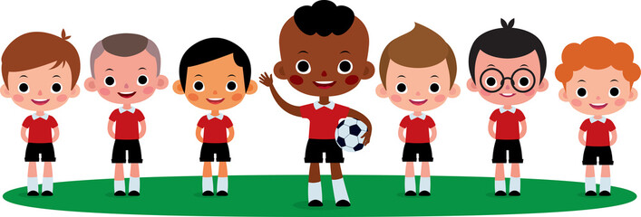 Naklejka premium Children football team of boys in soccer uniform. Group of kids soccer players. Vector cartoon illustration.