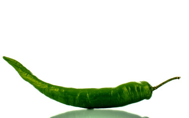 One ripe fragrant hot green pepper, close-up, isolated on white.