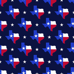The flag and map of the state of Texas in the red,, white and blue colors on dark navy background. Seamless repeat vector pattern with Texas flag and the Lone Star symbol.