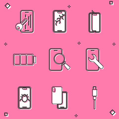 Set Glass screen protector, Mobile with broken, Battery, Phone repair service, System bug mobile and Smartphone icon. Vector