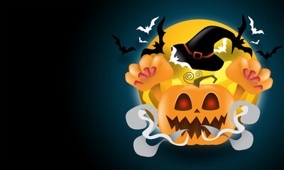 Happy halloween day. The ghost pumpkin with hat and bats at night is full moon