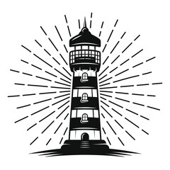 Lighthouse with rays vector black illustration vintage styleisolated white