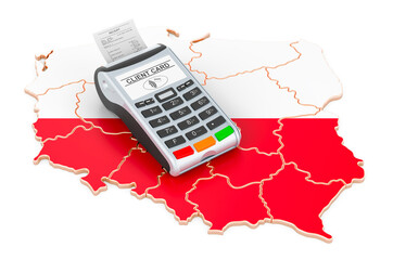 Polish map with POS terminal. Cashless payments in Poland concept. 3D rendering