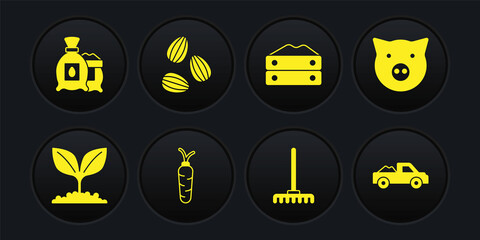 Set Plant, Pig, Carrot, Garden rake, Bag of flour, Seeds, Pickup truck and Pack full seeds plant icon. Vector