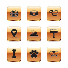 Set Pet carry case, Dog bone, Paw print, Clockwork mouse, Cat nose, Retractable cord leash, tooth and food bowl icon. Vector