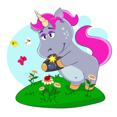 A cartoon unicorn photographing ladybug