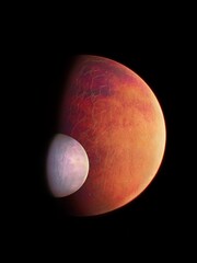 Red planet with satellite. Mars in the distant past had a moon. Planets of the solar system 3d illustration. 