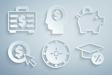 Set Safe, Piggy bank, Coin money with dollar, Graduation cap and coin, Business man planning mind and Briefcase icon. Vector