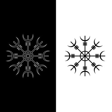 Icon symbol helm of Awe. Scandinavian sign aegishjalmur, helm of terror. Wicca isolated icon in black with white outline. Esotericism,  witchcraft. Vector illustration on white and black background