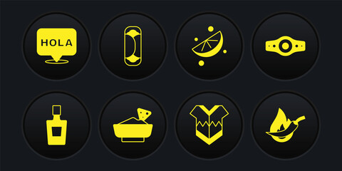 Set Tequila bottle, Wrestling championship belt, Nachos bowl, Poncho, Sliced lime, Burrito, Hot chili pepper pod and Hola icon. Vector © vector_v