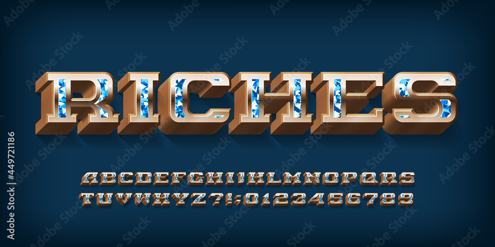 Fototapete riches alphabet font. 3d ornate letters and numbers with gem insert. stock vector typescript for you