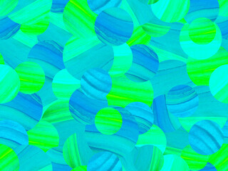 Seamless pattern, a mosaic of circles of different diameters in blue and green. Raster background,...