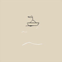 A ship with a sail on the sea. Drawing, vector illustration. 