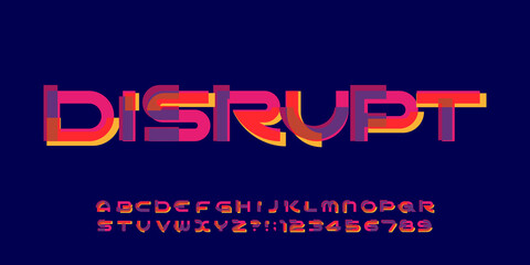 Disrupt alphabet font. Colorful letters and numbers. Stock vector typeface for your typography design.