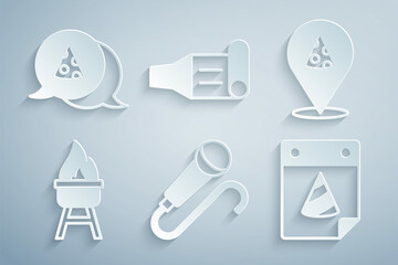 Set Microphone, Slice of pizza, Barbecue grill, Calendar party, Birthday horn and icon. Vector