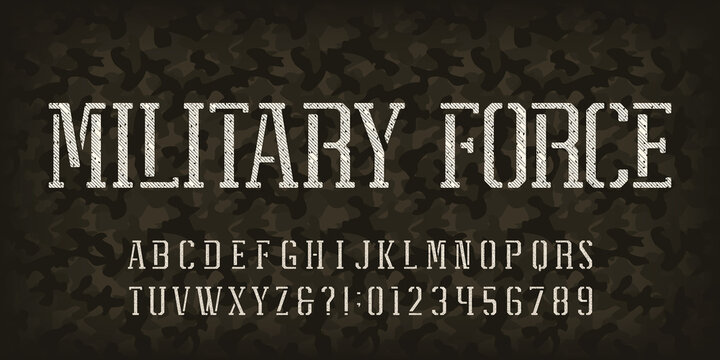 Military Force alphabet font. Stencil letters and numbers on a dark camo background. Vector typeface for your design.