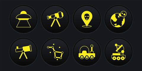 Set Telescope, Earth globe, Great Bear constellation, Mars rover, Alien, and UFO flying spaceship icon. Vector