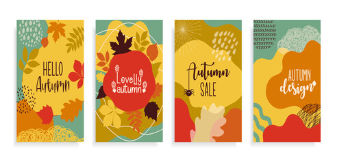 Set abstract autumn backgrounds banner for social media stories.Colorful banners with autumn fallen leaves and yellowed foliage. Use for event invitation, discount voucher, advertising.Vector eps 10