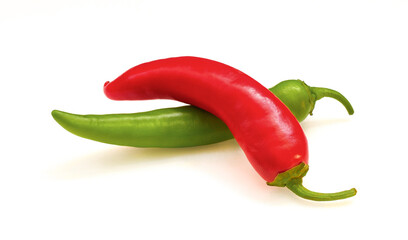Two hot chili peppers on a white isolated background. Red and green
