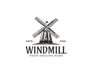 Vintage Rustic Windmill Logo Vector Illustration. Bakery Emblem Design on White Background