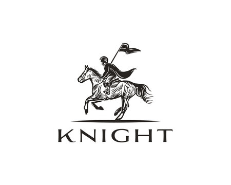 Horseback Knight Silhouette Logo. Horse Warrior Paladin Medieval logo design template