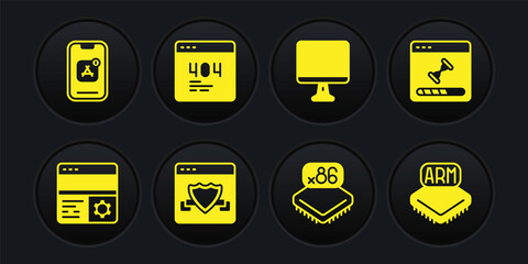 Set Debugging, Loading data window, Browser with shield, Processor microcircuits CPU, Computer monitor screen, Page 404 error, and Mobile Apps icon. Vector