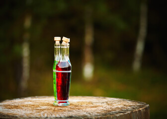 A bottle on a stump against the background of a birch grove
