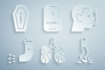 Set Disease lungs, Man smoking cigarette, Inhaler, Cigarette butt, No and Death from icon. Vector