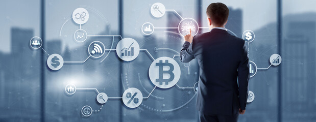 Fototapeta na wymiar BTC. Digital money and technology worldwide network concept. Virtual bitcoin digital currency coin
