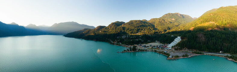 Aerial Panoramic View of Small Touristic Town, Britannia Beach. Located in Howe Sound, North of...