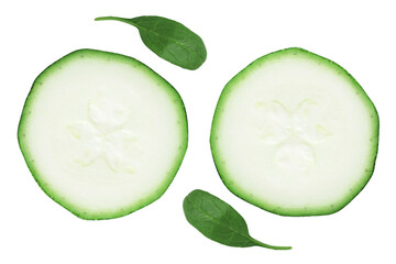 Two green zucchini round slices top view isolated on white background 