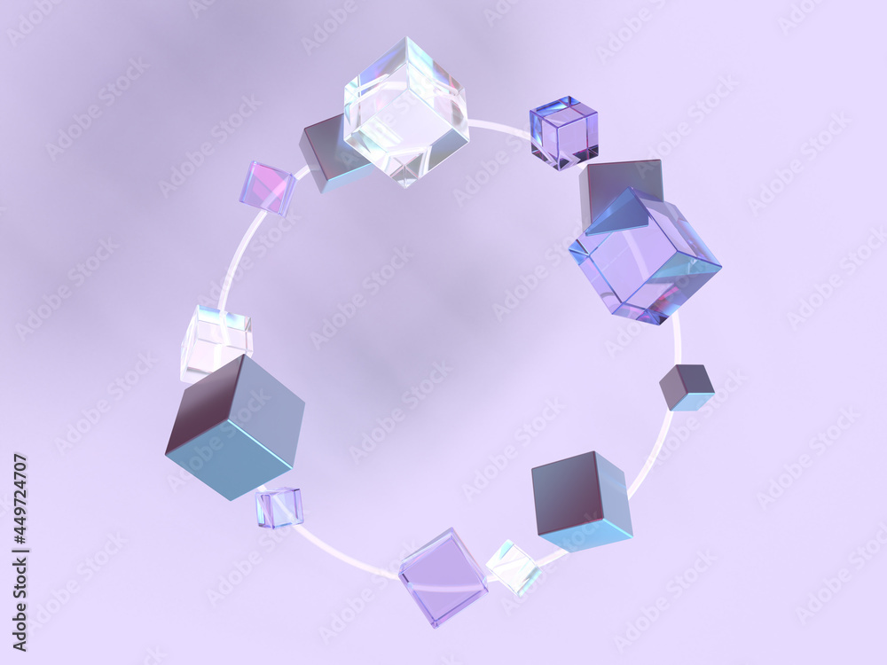 Poster 3d rendered block and sphere shapes on a purple background floating on a circle. illustration of str