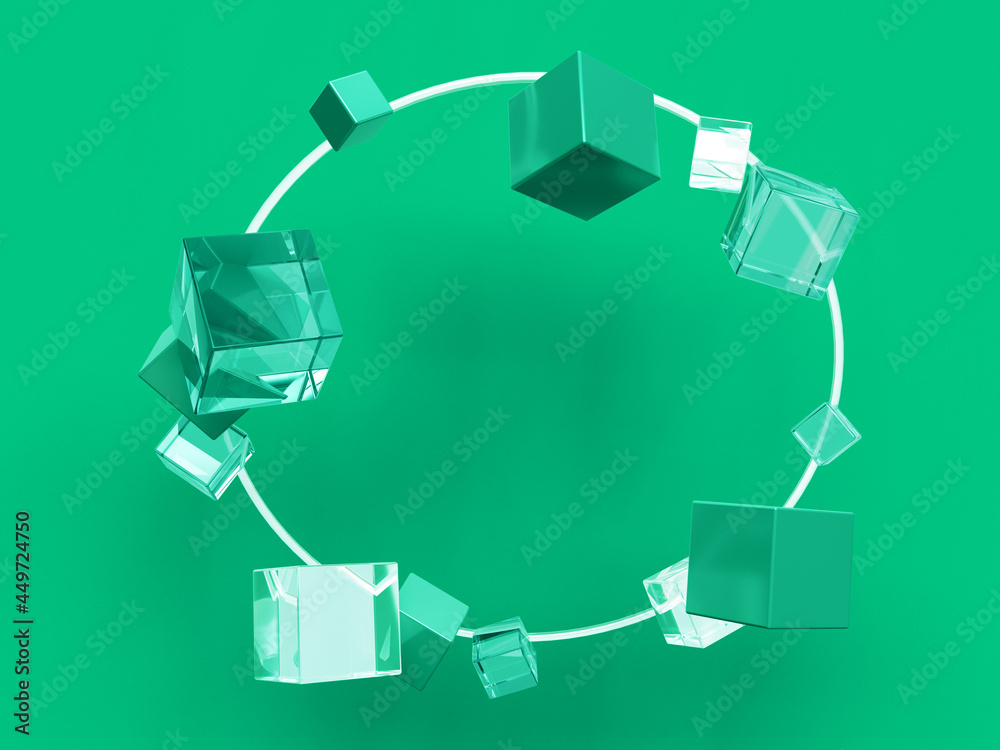 Poster 3D rendered block and sphere shapes on a green background floating on a circle. Illustration of structured data, circle processes, or conceptual visualization.