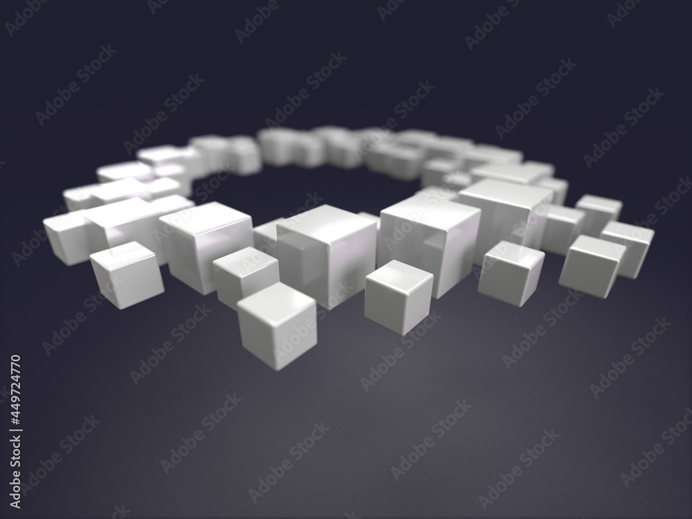 Poster 3d rendered squares of different sizes on dark background. illustration of structure, data or digita