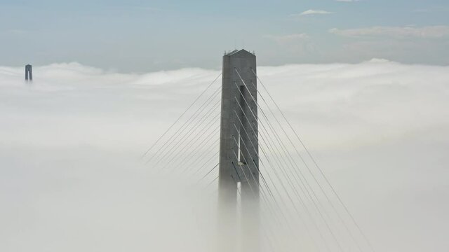 Aerial view of the top of the pylons of the Russian bridge