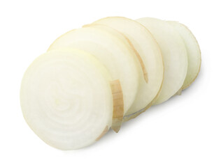 Sliced onion slices isolated on a white background. Ingredients for cooking.