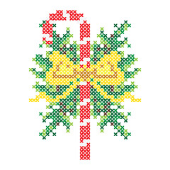 Christmas embroidery, cross stitch ornament. Candy cane, Christmas tree, vector.