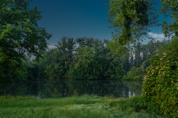 Fototapeta na wymiar Fog and river Dyje with orange sunrise near Bulhary village in south Moravia