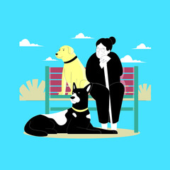 flat woman with cute dogs and park