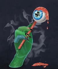 Poster Witch's green hand with eye candy, cool 
sinister manicure, smoke, dark blue background. Halloween illustration 