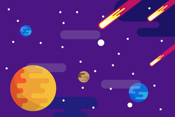 Obraz na płótnie Canvas Vector flat space design background. Cute template with Planets, Meteorites, Stars in Outer space.
