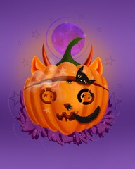 Halloween poster pumpkin and black cat, magic moon and purple background