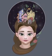 Poster illustration of the planet mother, a beautiful young girl with a city on her head.