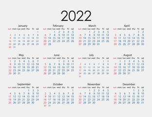 2022 year, calendar. Vector illustration. Weeks start on Sunday.