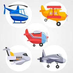набор из 5 векторных изображений летательных аппаратов разных времен в плоском стиле