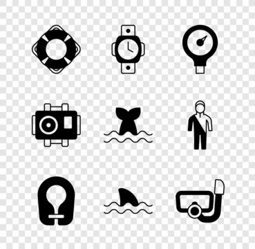 Set Lifebuoy, Diving watch, Gauge scale, jacket, Shark, mask with snorkel, Photo camera for diver and Whale tail icon. Vector