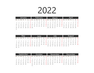 2022 year, calendar. Vector illustration. Weeks start on Monday.